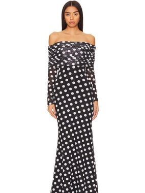 REVOLVE Black and White Polka Dot Off-Shoulder Maxi Dress